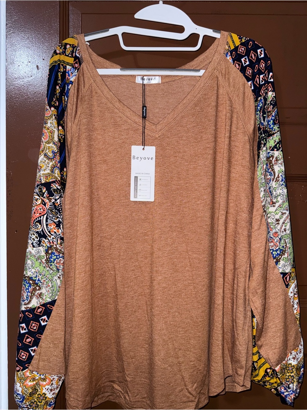 Women's V-Neck Brown Mixed-Print Sleeve Top
